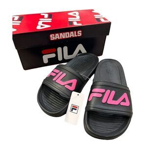 NEW FILA SLEEK SLIDE LT SANDALS BLACK Pink LOGO Woman’s Size 6 With Box!